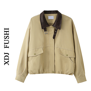 2026春秋装新款美式风翻领拼接短款工装外套女设计感宽松夹克上衣