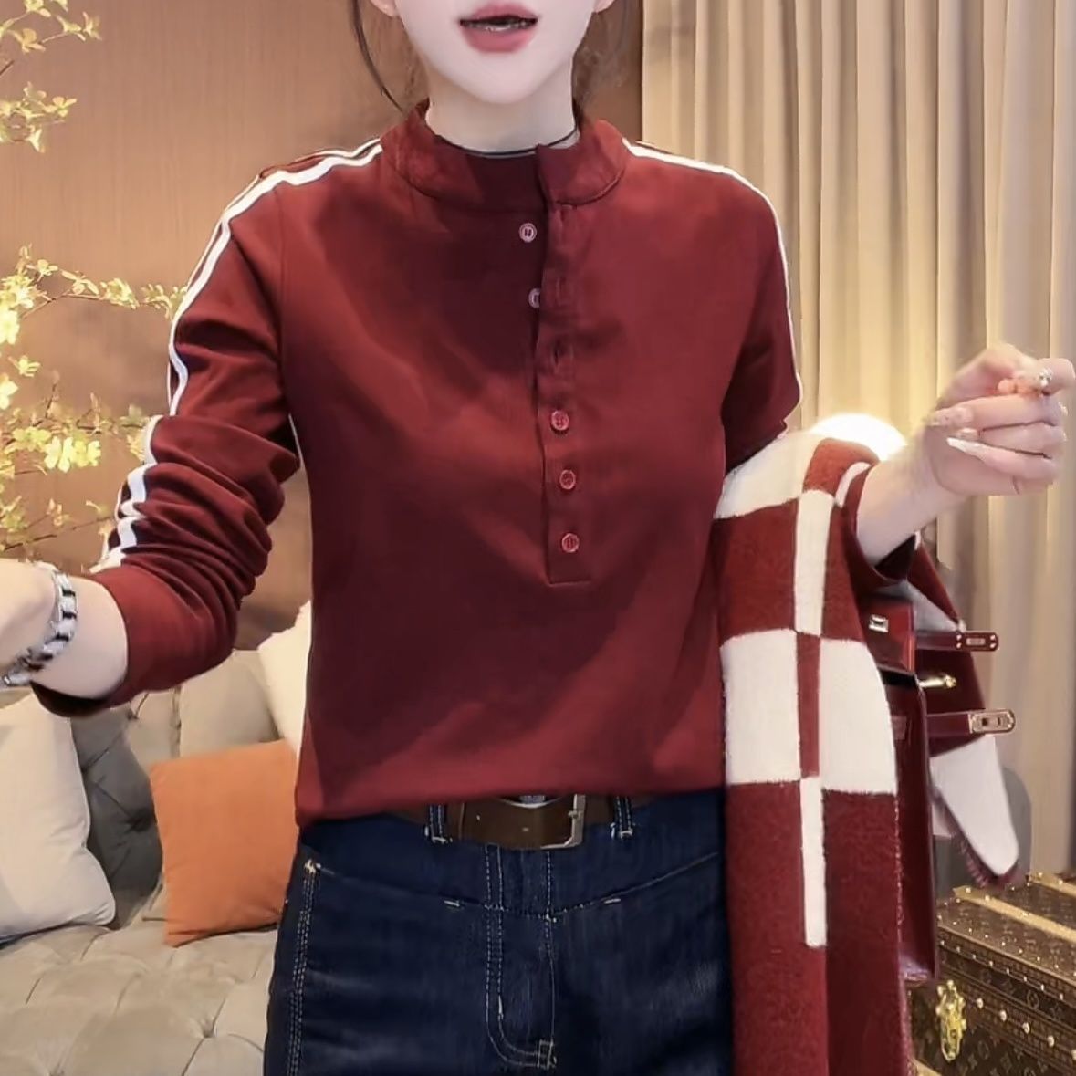 时尚立领两条杠撞色长袖卫衣