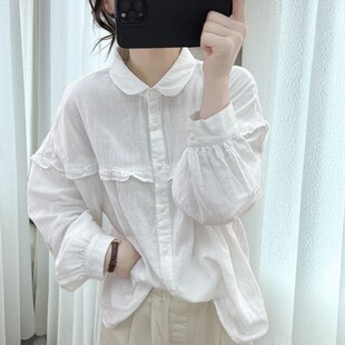 棉麻灯笼袖衬衫女春秋文艺荷叶边长袖减龄元宝领上衣复古打底衬衣