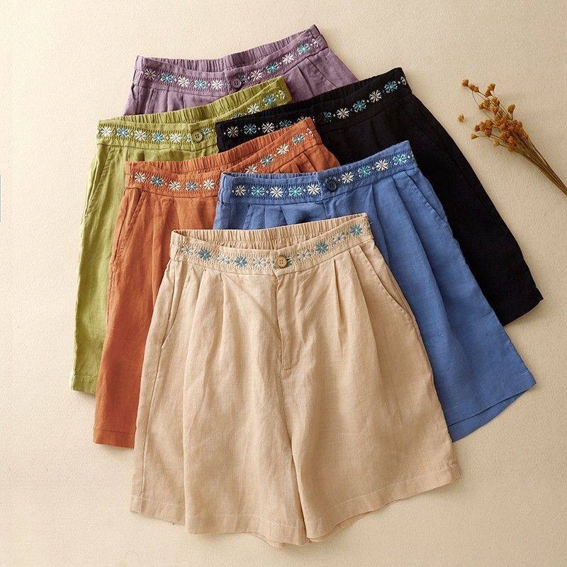 刺绣松紧棉麻五分裤夏季阔腿裤文艺绣花短裤拉链真排门百搭休闲裤,女装/女士精品,短裤,淘宝优惠券,粉丝福利购,淘宝优惠卷