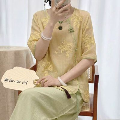 新中式棉麻刺绣盘扣禅意女衬衫