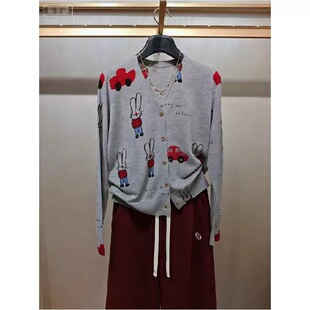 欧货高端时尚100水溶羊毛印花V领薄款针织开衫女上衣2026春季新款