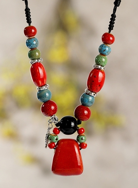复古民族风红色陶瓷长款毛衣链