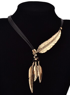 波西米亚复古羽毛树叶镶钻项链