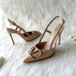 恨天高 定制大小码 通勤高跟鞋 裸色漆皮V标直口镂空后绊带包头凉鞋