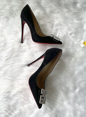 黑色仿鹿皮水钻方型扣性感露趾浅口大小码男反串女13cm细高跟单鞋