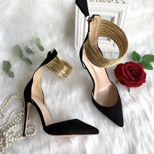 欧美明星网红同款 黑色反绒中空金色脚环带组合包跟12细跟高跟凉鞋