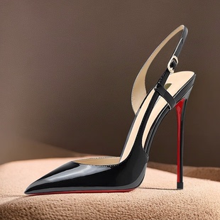 2025夏季新款侧漏镂空后绊带高跟凉鞋黑白银镜面性感OL气质大码鞋