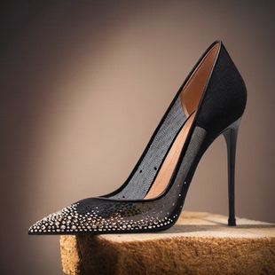 金色烫钻网纱透气尖头细跟高跟鞋裸黑色性感优雅2025秋季新款大码