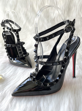 实拍定制大小码全黑色漆皮铆钉两带纯欲性感男士反串高跟鞋