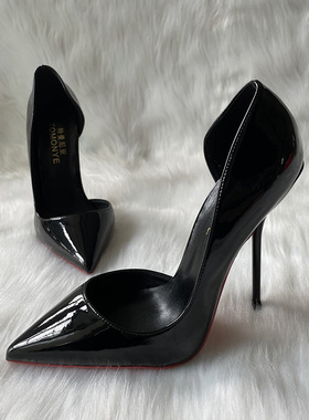 黑色绿色漆皮浅口尖头侧空侧漏性感12cm超细金属钨钢跟夜店高跟鞋