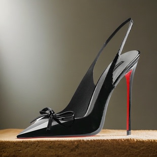 特曼尼亚黑裸酒红色漆皮尖头小蝴蝶结后空款大码红底名媛高跟凉鞋