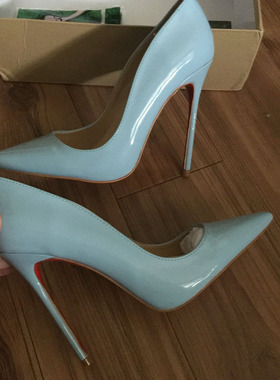 明星同款浅天蓝色漆皮尖头12cm10热卖超细锥形跟走秀男女高跟鞋