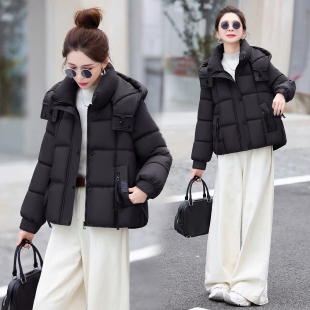 韩版短款棉服女加厚连帽显瘦洋气棉衣外套黑色宽松保暖