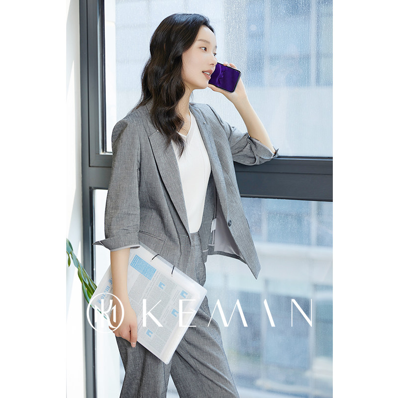 KEMAN珂曼女装 灰色高腰西装裤女显瘦小个子职场直筒通勤职业西裤