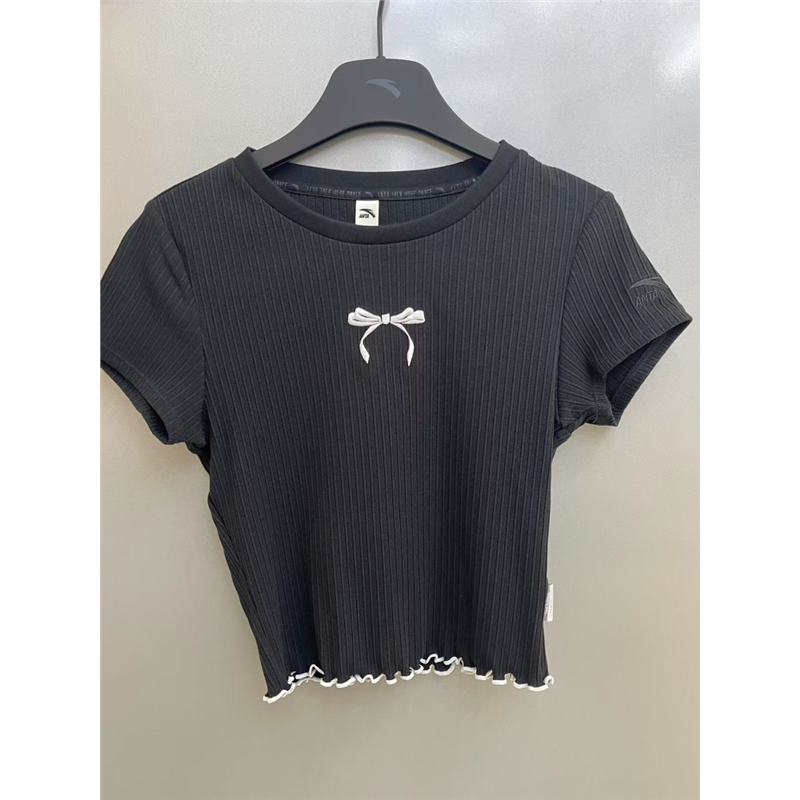 安踏高弹修身短袖t恤女装2025夏季新款显瘦短款针织上衣162528116