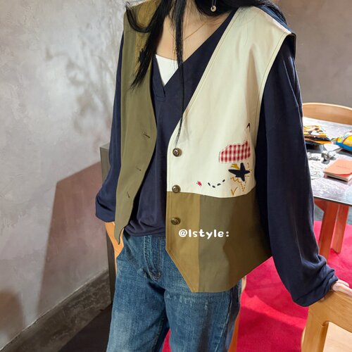 韩国istyle秋季美式复古风拼色刺绣马甲女无袖工装背心设计感外套