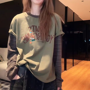 假两件拼接长袖t恤女2026春季新款爆款宽松百搭大码胖mm女士上衣