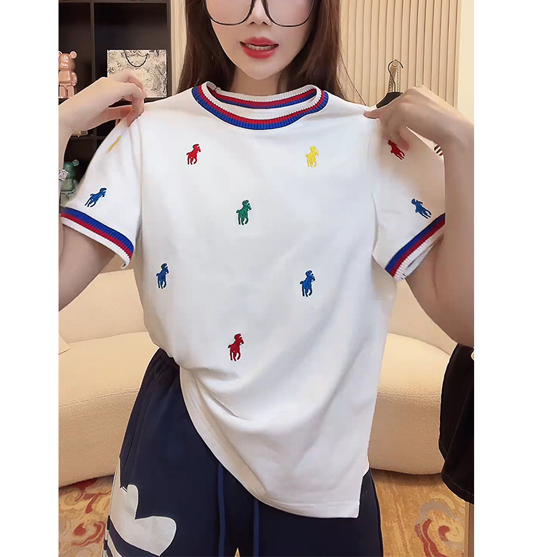 重工刺绣撞色短袖t恤女2025夏季新款宽松百搭小众设计感女士上衣