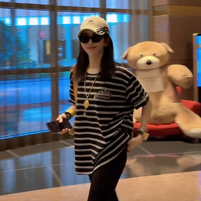 重工刺绣中长款t恤女短袖宽松百搭显瘦大版条纹体恤半袖女士上衣