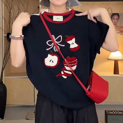 重工刺绣短袖t恤女2025夏季新款爆款宽松显瘦撞色正肩女士上衣潮