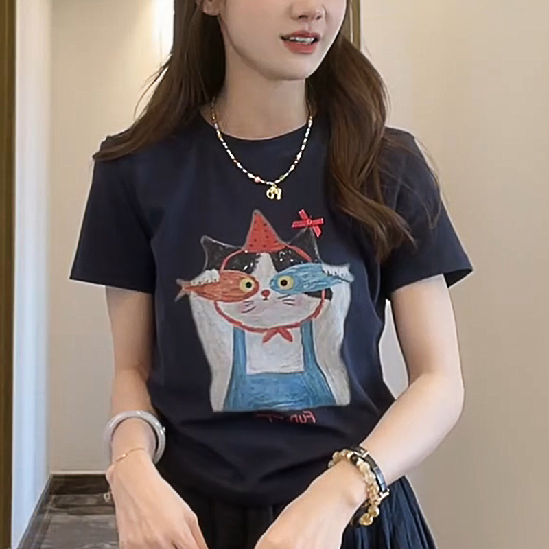 设计感印花蝴蝶结短袖t恤女2025夏季新款宽松显瘦可爱女士上衣潮