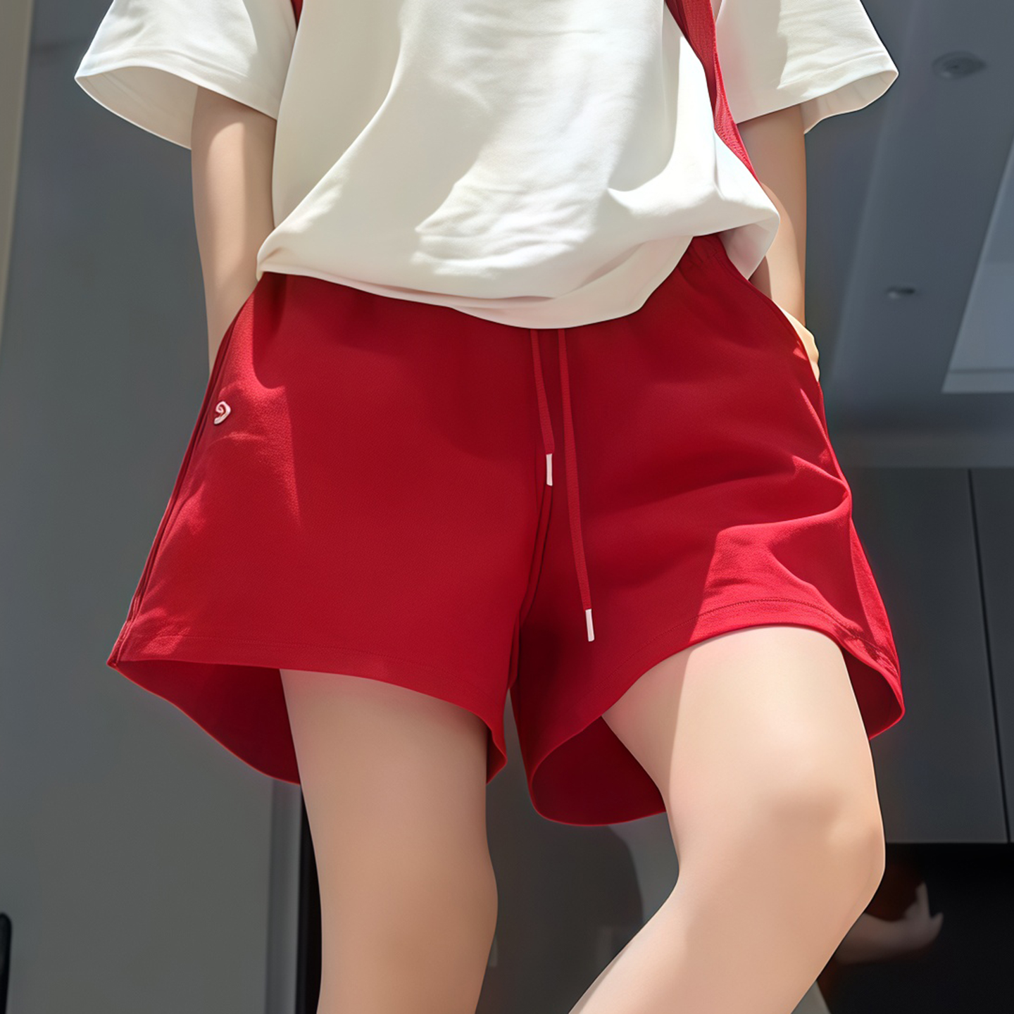 红色刺绣短裤女2025夏季新款休闲宽松百搭高腰宽松显瘦女士阔腿裤