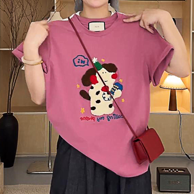 正肩刺绣短袖t恤女2025夏季新款爆款宽松百搭高级小众不撞款上衣