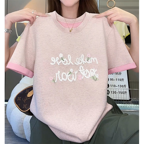 重工刺绣粉色短袖t恤女2026夏季新款宽松显瘦大码百搭半袖上衣潮
