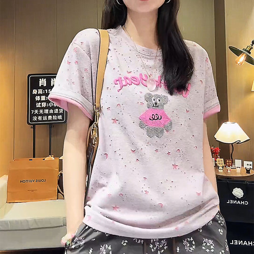 重工烧花刺绣小熊短袖t恤女2026夏季新款百搭宽松显瘦女士上衣潮