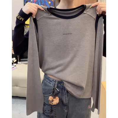 撞色长袖t恤女设计感百搭2025秋季新款爆款宽松大码胖mm女士上衣