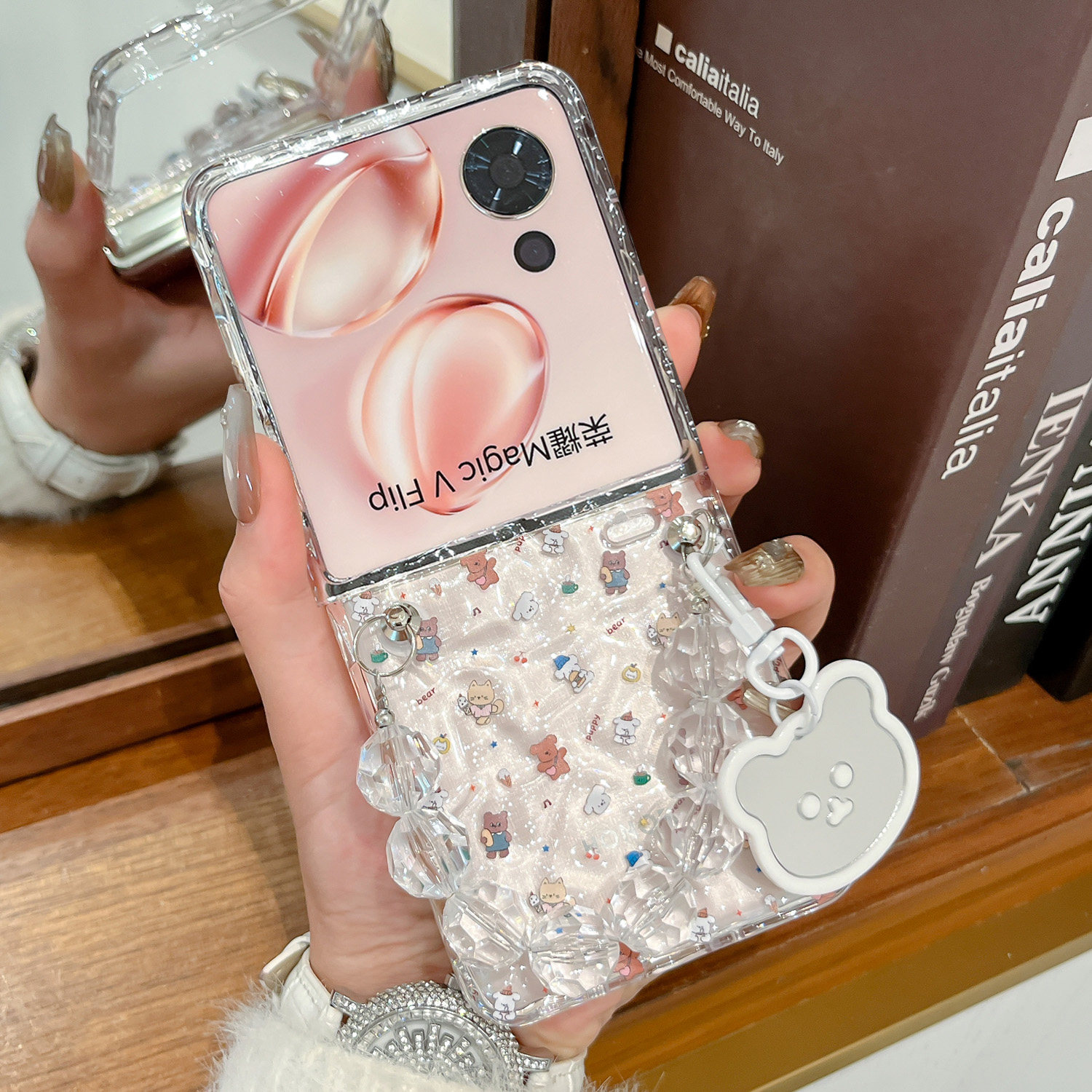 适用荣耀magicvflip手机壳透明水波纹可爱小狗荣耀magicvflip2折叠屏小米MixFlip女款镜子珍珠手链防摔保护套