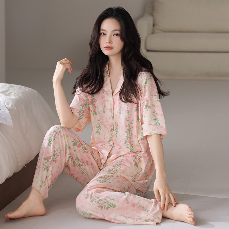 睡衣女夏季莱赛尔开衫短袖长裤薄款夏天凉感莫代尔休闲家居服套装