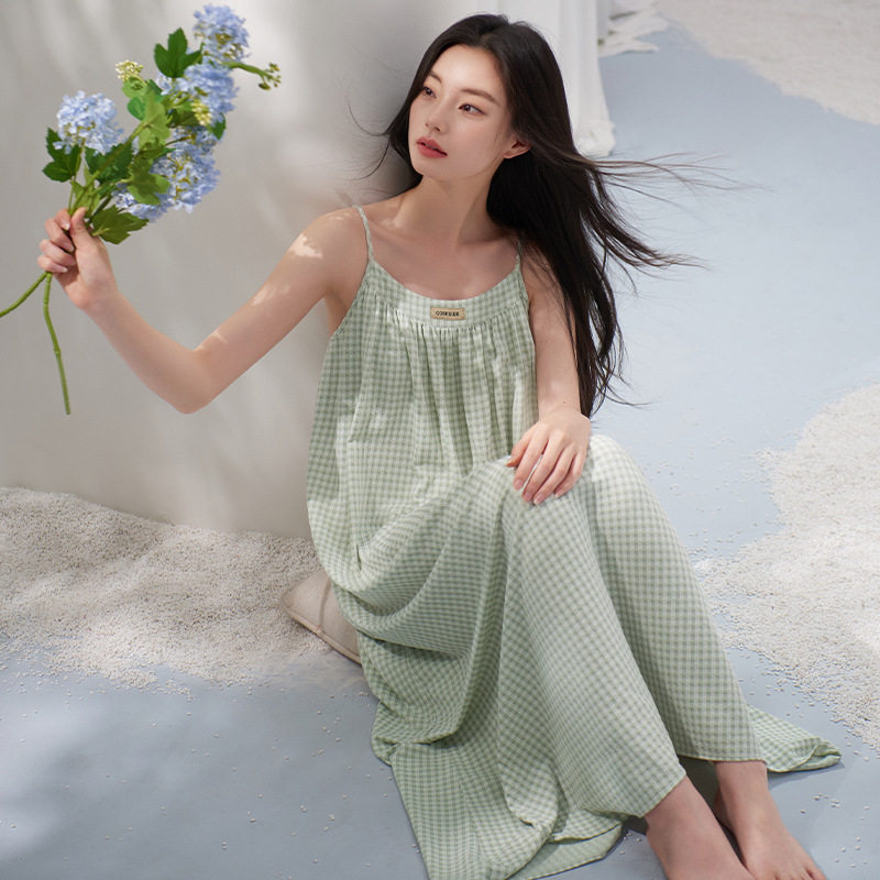 带胸垫女士睡裙夏季柔软锦棉拉架睡袍/浴袍