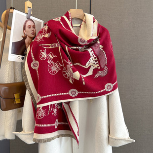 2025新款冬季欧美马车红色仿羊绒围巾女保暖围脖高级感披肩两用