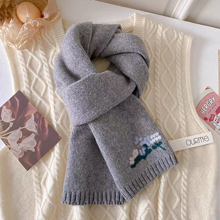 蓝色刺绣小花澳洲100%羊毛针织围巾女生秋冬季保暖护颈灰色围脖