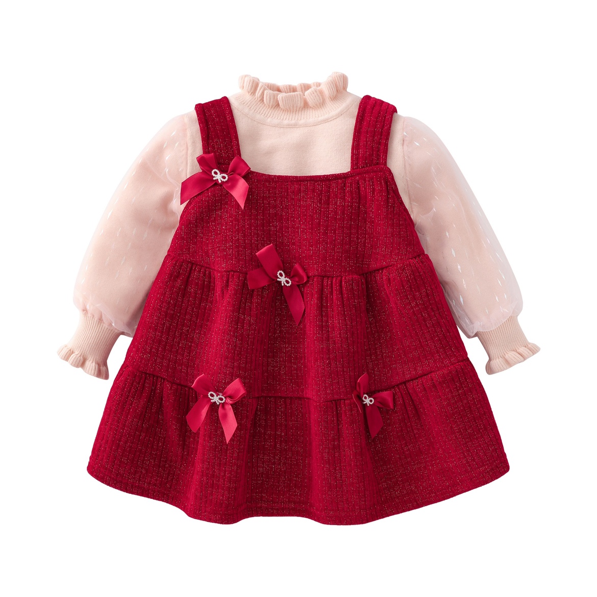2023春秋新款女童生日周岁礼服两件套女孩针织打底衫红色连衣裙