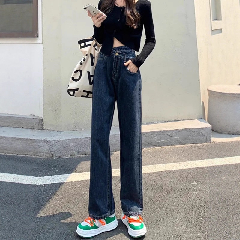 复古直筒高腰牛仔裤女春秋款设计感小众百搭宽松阔腿裤子