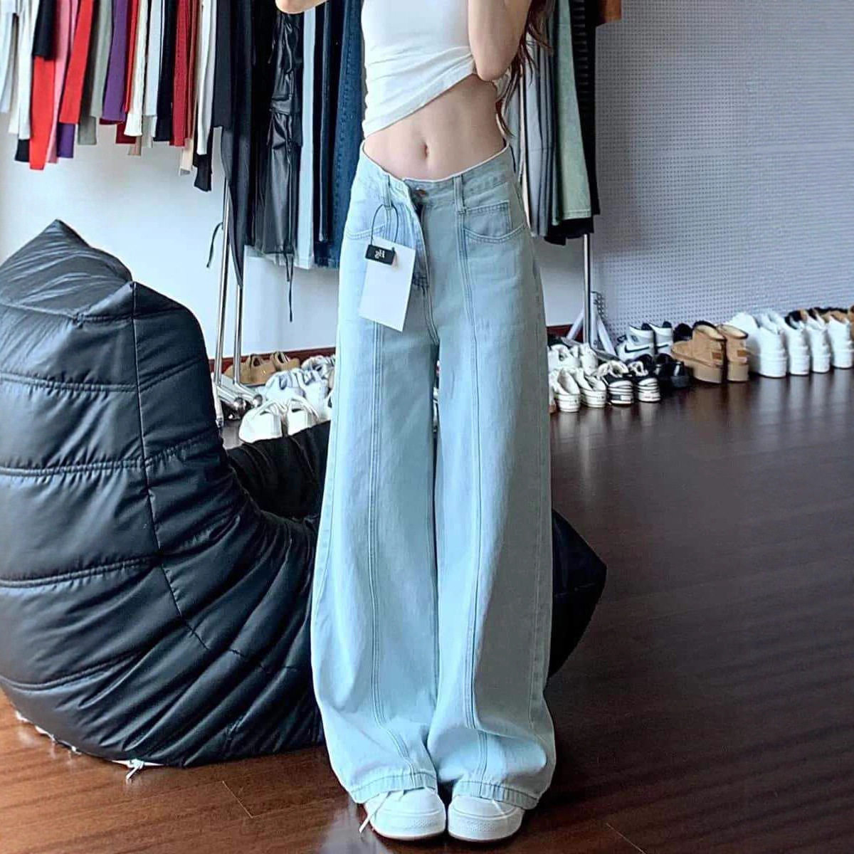 2025年新款拼接设计感高腰复古宽松垂感浅蓝色牛仔裤女