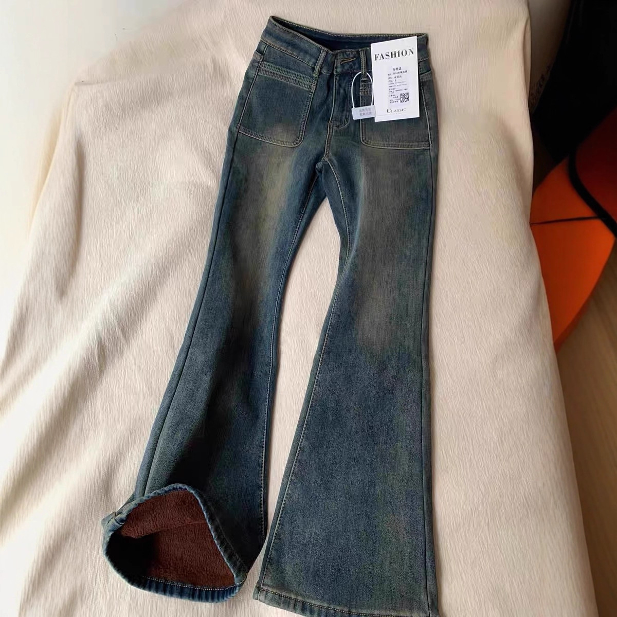 小个子微喇牛仔裤女款加厚2025新款秋冬季高腰微喇裤加绒