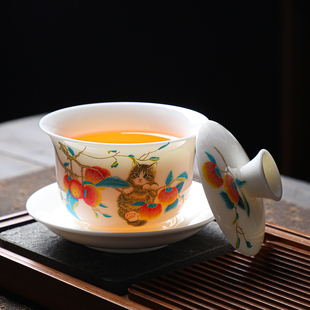 羊脂玉瓷三才盖碗茶杯陶瓷泡茶碗刺绣浮雕花茶备敬茶碗女士盖碗