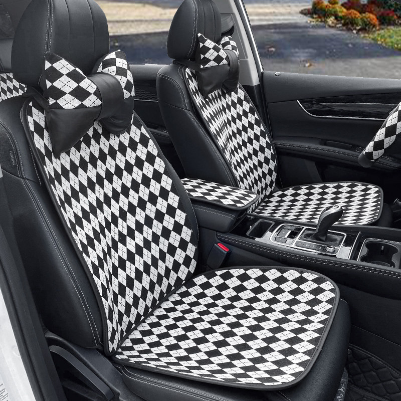 简约小清新女生汽车坐垫车载黑白菱格座椅垫时尚四季通用车用单垫