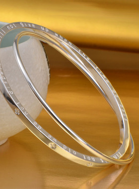 纯银双环手镯实心闭口光面银镯女