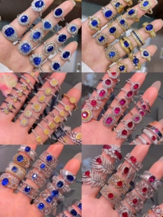 国际证 火彩好18k金天然钻石镶嵌 天然皇家蓝宝石 鸽血红宝石戒指