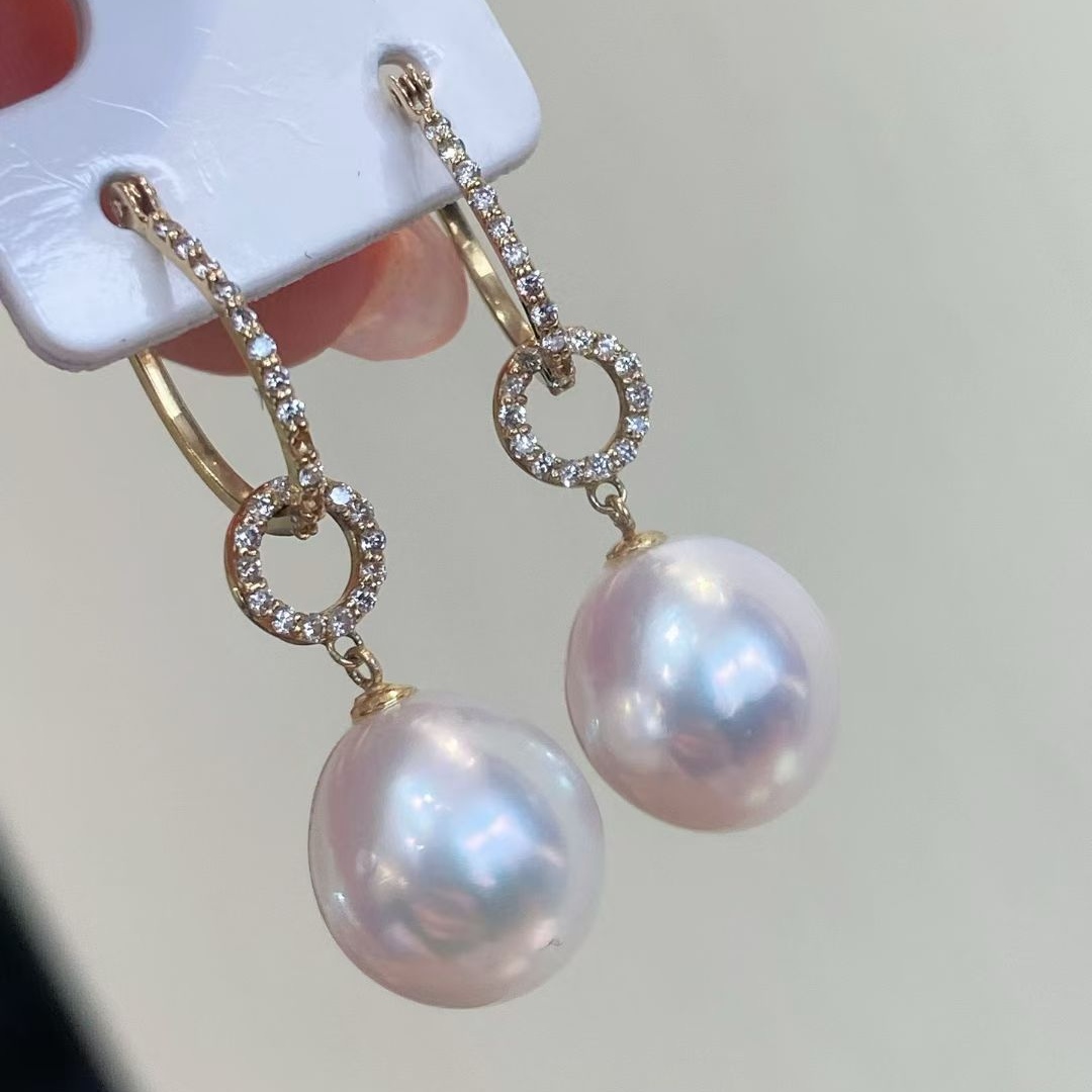 澳白珍珠耳坠耳环 11mm椭圆 皮光亮 有瑕18K金钻石50分 一款多戴