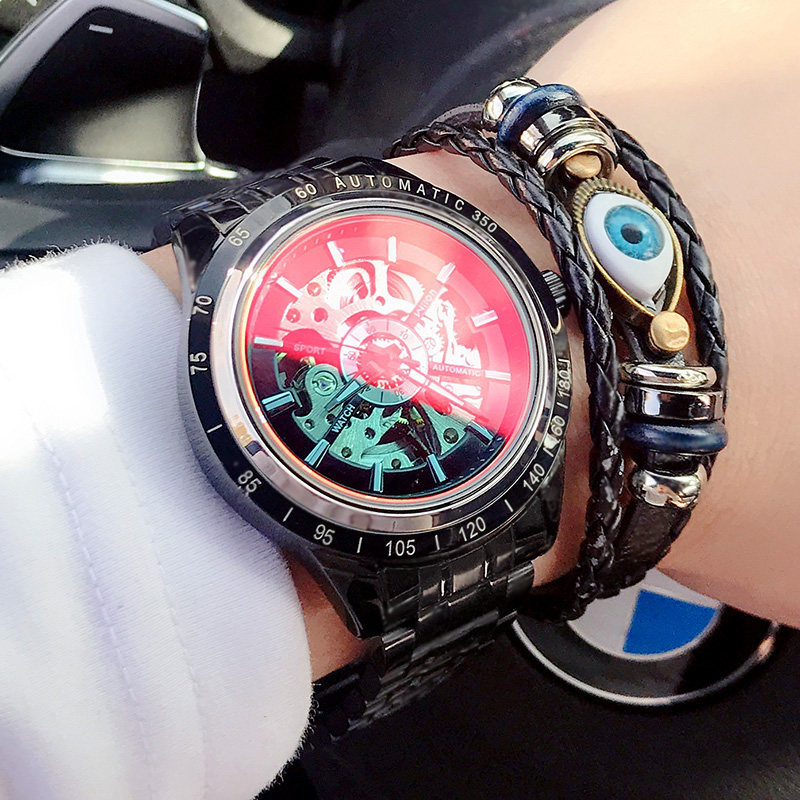 Стальной ремешок, полностью черный, красный свет