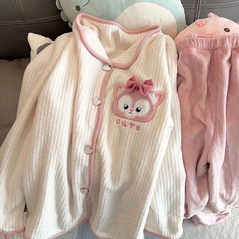 珊瑚绒睡衣女冬季加厚加绒卡通格子可外穿网红开衫保暖家居服套装