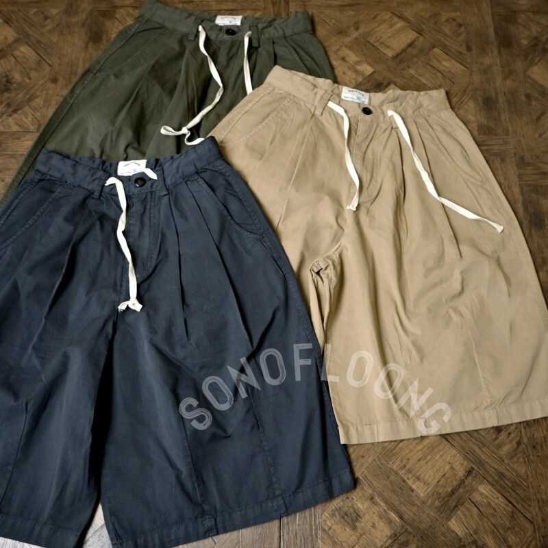 SONOFLOONG复古水洗廓形双褶短裤