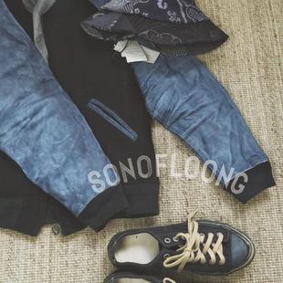 SONOFLOONG复古蓝染马皮棒球服羊毛呢夹克鲤鱼绣花外套水洗皮袖 潮