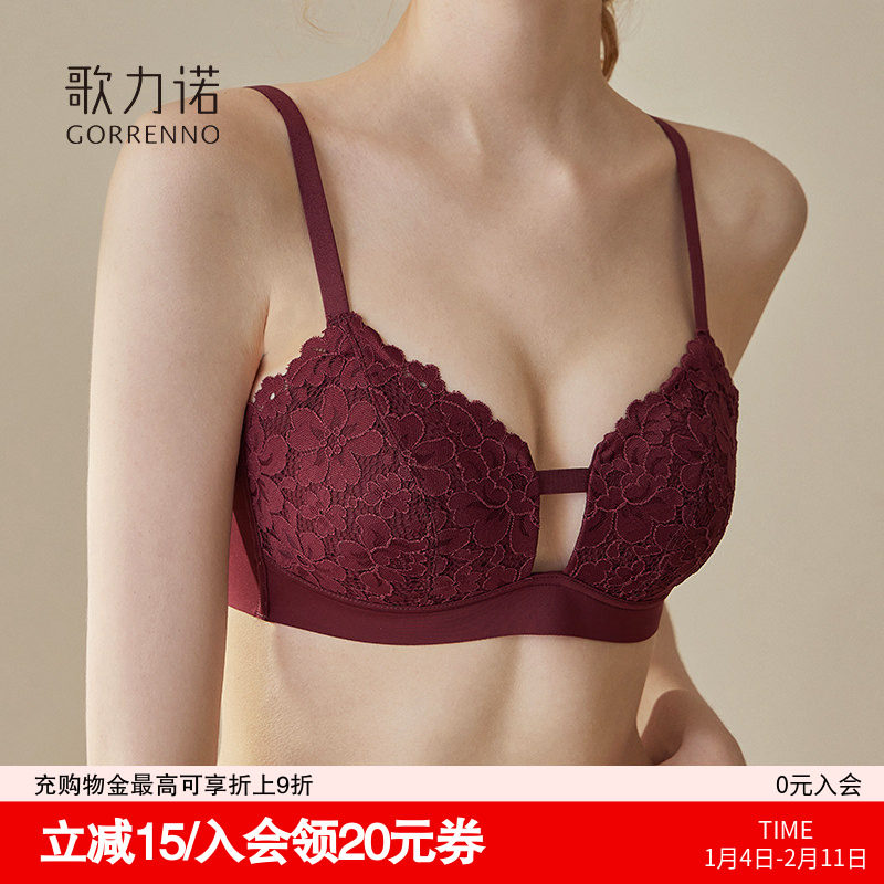 酒红色内衣套装女士大码薄款防下垂无钢圈蕾丝聚拢大胸显小文胸罩